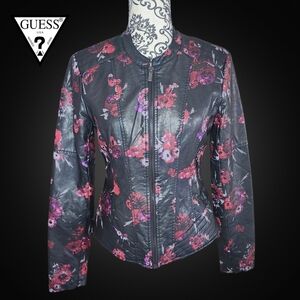 GUESS Black Faux Leather Floral Zip Jacket - Small
